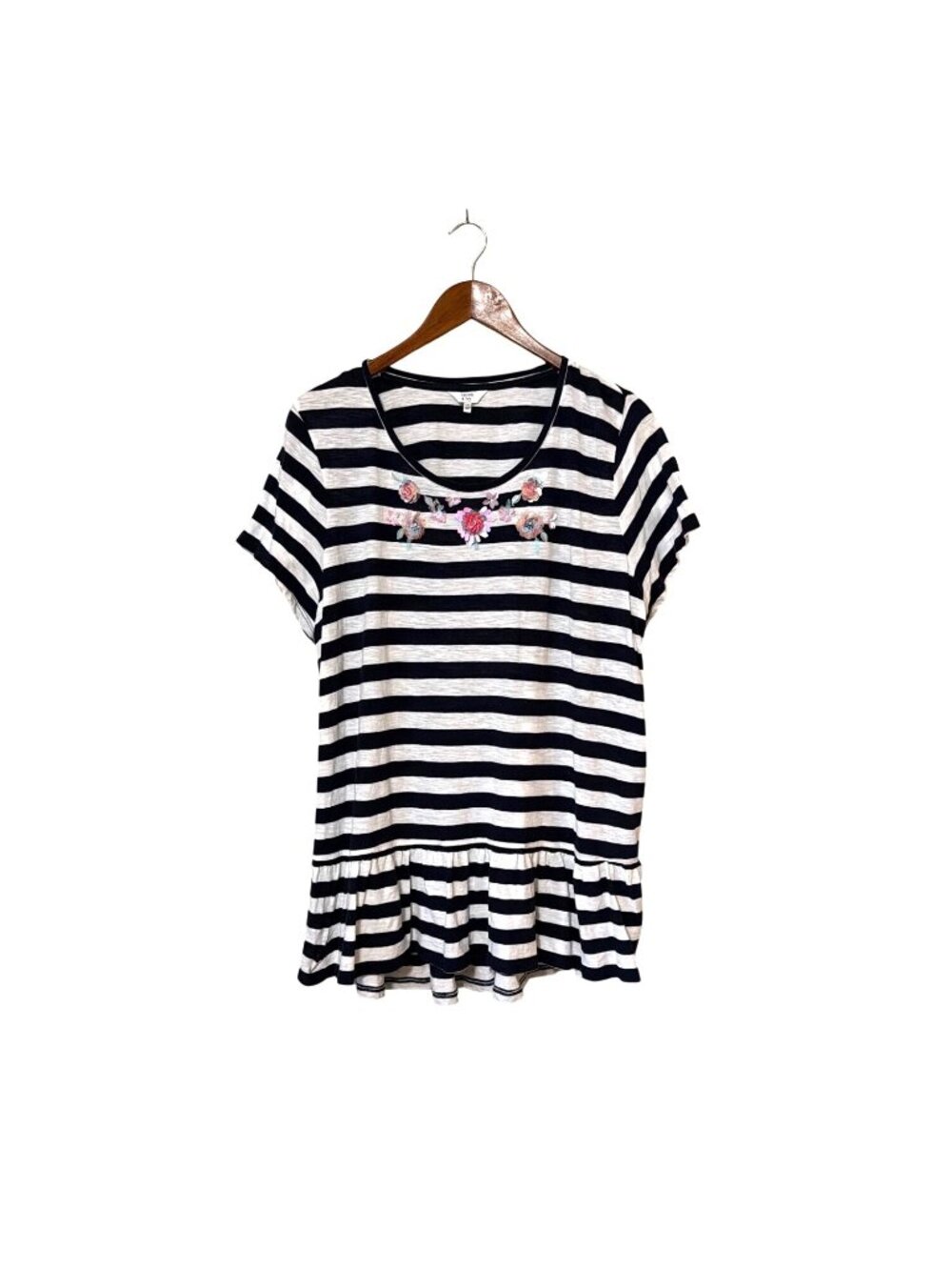 Striped Navy & White Floral Beaded Ruffle Hem Top XXL Notical cottage‎ tween